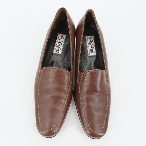 VTG Valleverde Womens 38.5 EUR 8.5 US Brown Leather Loafer Heels Made in Italy - Picture 2 of 16
